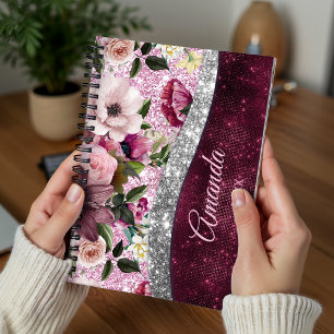 floral Burgundy pink silver faux glitter monogram  Planner