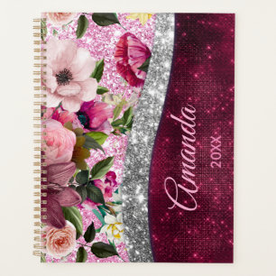 floral Burgundy pink silver faux glitter monogram  Planner