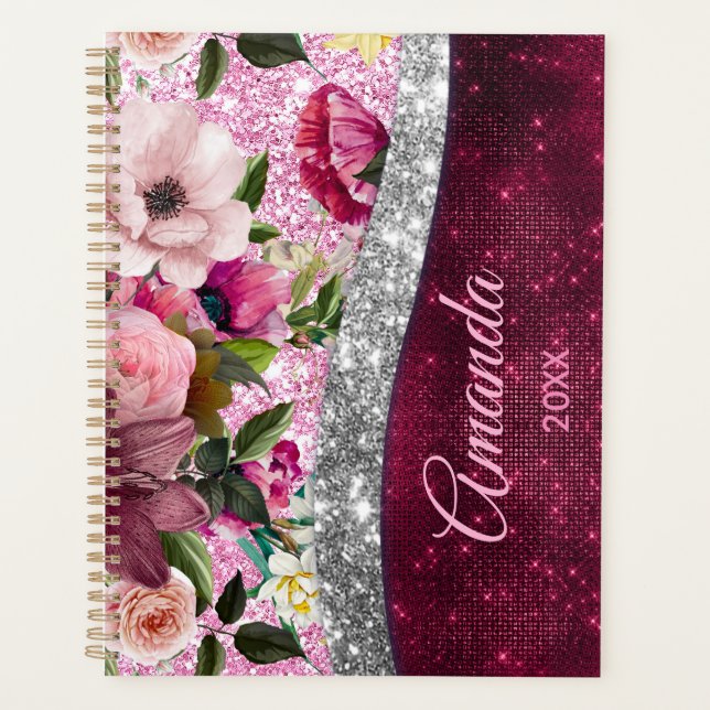 floral Burgundy pink silver faux glitter monogram  Planner (Front)