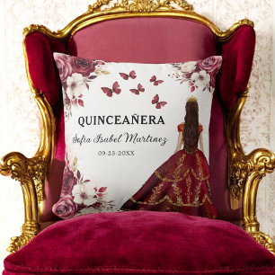 Floral Burgundy Princess Quinceanera Birthday Cushion