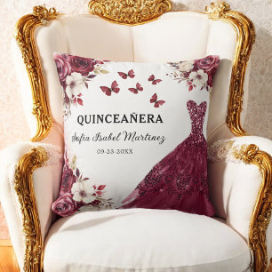Floral Burgundy Princess Quinceanera Birthday Cushion