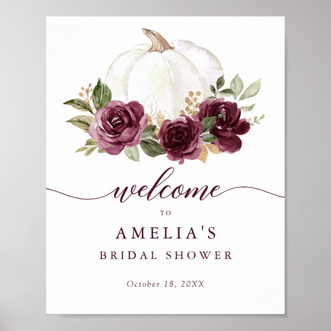 Floral Burgundy Pumpkin Bridal Shower Welcome Sign (Front)