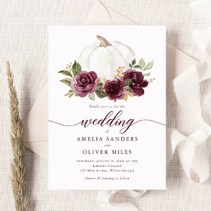 Floral Burgundy Pumpkin Fall Greenery Wedding Invitation