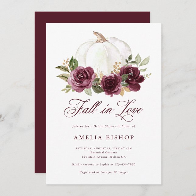 Floral Burgundy Pumpkin Fall in Love Bridal Shower Invitation (Front/Back)