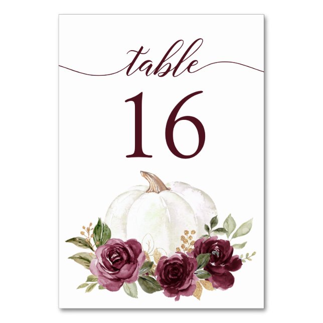 Floral Burgundy Pumpkin Fall Rustic Table Number (Front)