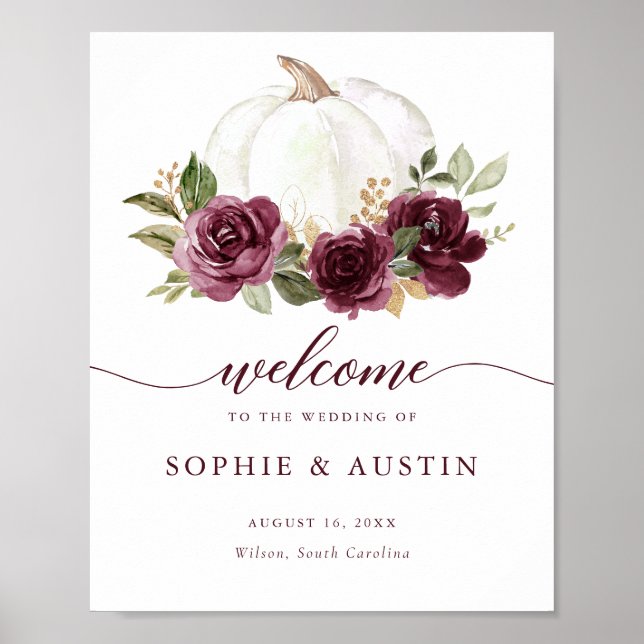 Floral Burgundy Pumpkin Fall Wedding Welcome Sign (Front)