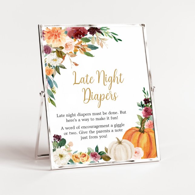 Floral Burgundy Pumpkin Late Night Diapers Poster (Pumpkin Baby Shower Late Night Diapers Sign
)
