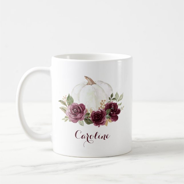 Floral Burgundy Pumpkin Personalised Mug (Left)
