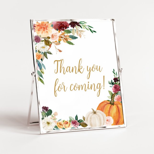 Floral Burgundy Pumpkin Thank you for Coming Poster (Pumpkin Baby Shower Thank you for Coming Sign)