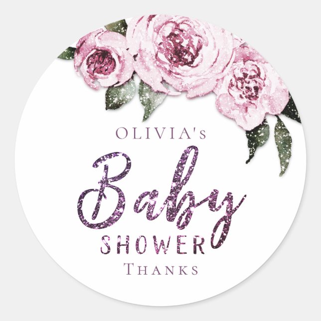 Floral burgundy purple glitter baby shower classic round sticker (Front)