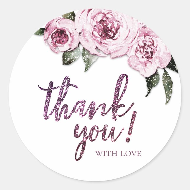 Floral burgundy purple glitter thank you classic round sticker (Front)