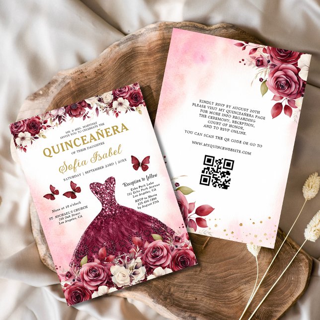Floral Burgundy QR Code Princess Quinceanera Invitation (Creator Uploaded)
