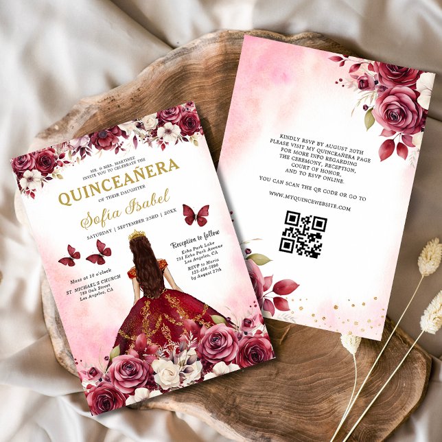 Floral Burgundy QR Code Princess Quinceanera Invitation (Creator Uploaded)