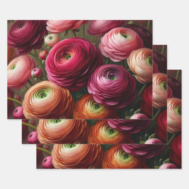 Floral Burgundy Ranunculus Decoupage Wrapping Paper Sheet (Set)