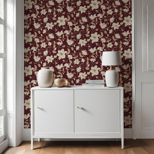 Floral Burgundy Red Beige Lily Botanical Pattern Wallpaper
