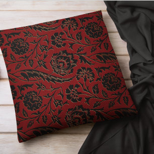 Floral Burgundy Red Black Flowers Bohemian Damask Cushion