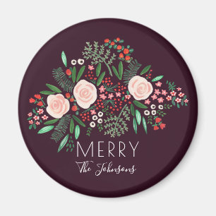 Floral Burgundy Red Christmas Holiday  Magnet