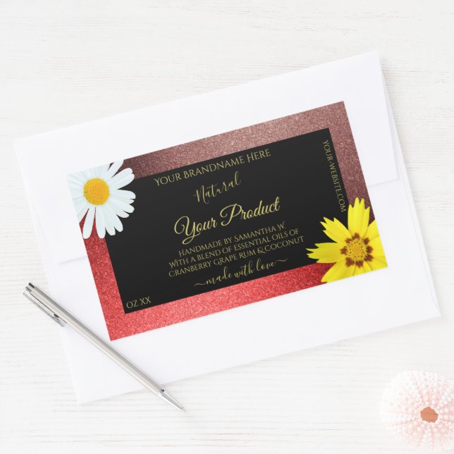 Floral Burgundy Red Glitter Black Product Labels (Envelope)