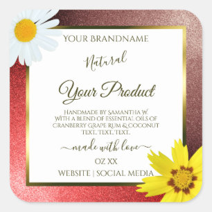 Floral Burgundy Red Glitter White Product Labels