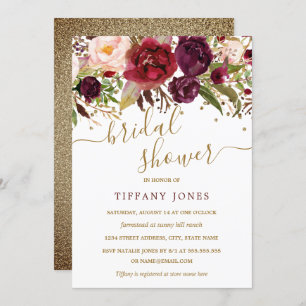Floral Burgundy Red Gold Confetti Bridal Shower Invitation