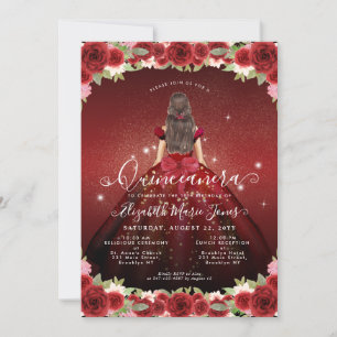 Floral Burgundy Red Gold Glam Princess Quinceanera Invitation