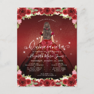 Floral Burgundy Red Gold Glam Princess Quinceanera Postcard