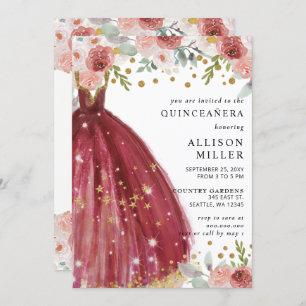 Floral Burgundy Red Gold Glitter Dress QUINCEAÑERA Invitation