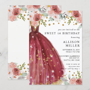 Floral Burgundy Red Gold Glitter Dress Sweet 16 Invitation