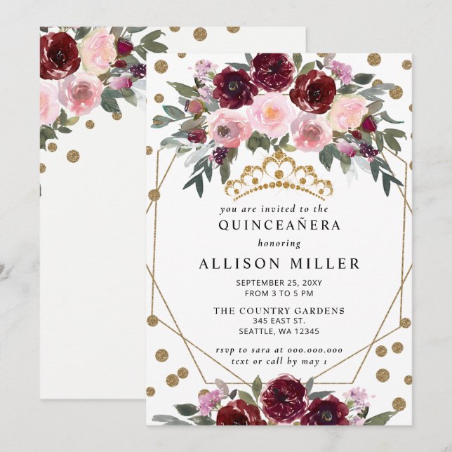 Floral Burgundy Red Gold Glitter Tiara QUINCEAÑERA Invitation (Front/Back)
