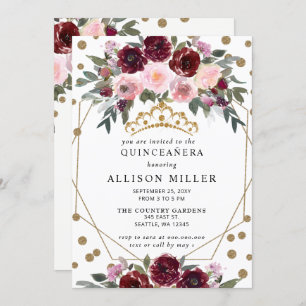Floral Burgundy Red Gold Glitter Tiara QUINCEAÑERA Invitation