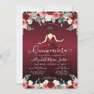 Floral Burgundy Red Princess Birthday Quinceanera Invitation