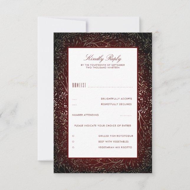 Floral Burgundy Red Vintage Wedding RSVP Card (Front)