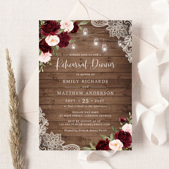 Floral Burgundy Rustic Wood Lace Rehearsal Dinner Invitation (Creator Uploaded)