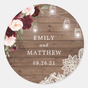 Floral Burgundy Rustic Wood Lace String Lights Classic Round Sticker