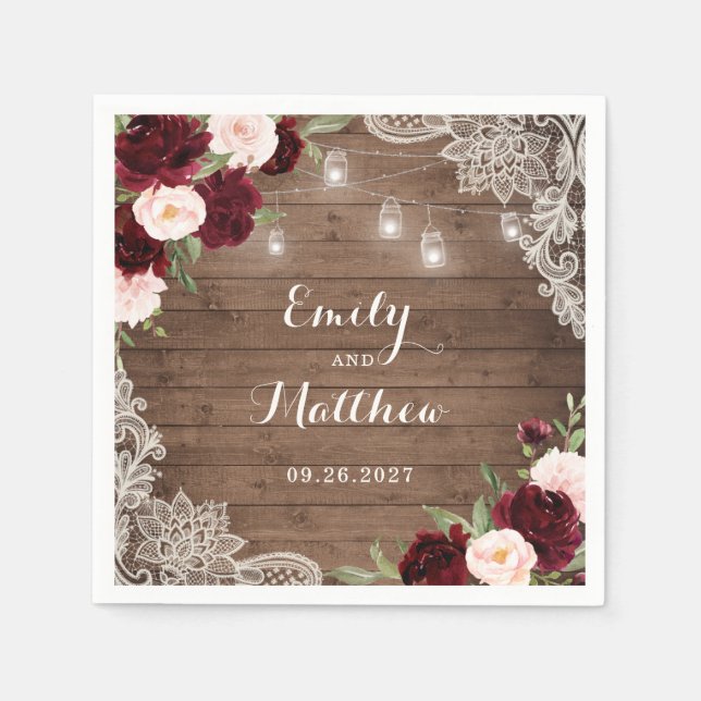 Floral Burgundy Rustic Wood Lace String Lights Napkin (Front)
