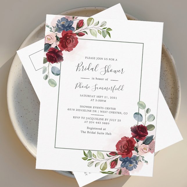 Floral Burgundy Script Eucalyptus Bridal Shower Invitation Postcard (Watercolor Floral Burgundy Bridal Shower Invitation Postcard)