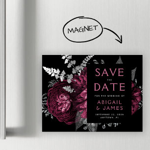 Floral Burgundy Silver Wedding Save the Date Magnetic Invitation
