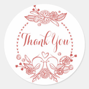 Floral Burgundy Thank You Red Lovebirds Wreath Classic Round Sticker