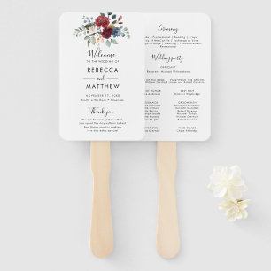 Floral Burgundy Watercolor Script Wedding Program Hand Fan