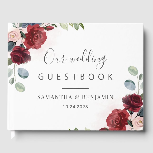 Floral Burgundy Watercolor Wedding Guest Book (Front)