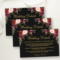 Floral Burgundy Wedding Details Black Insert Card