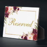 Floral Burgundy Wedding Reserved 5x7 Table Plaque<br><div class="desc">Watercolor Floral Burgundy Marsala Gold Wedding Reserved 5x7 Table Plaque</div>