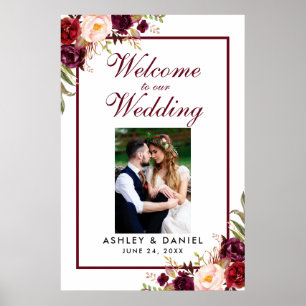 Floral Burgundy Wedding Welcome Photo Poster