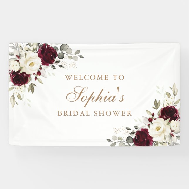 Floral Burgundy White Greenery Gold Bridal Shower Banner (Horizontal)
