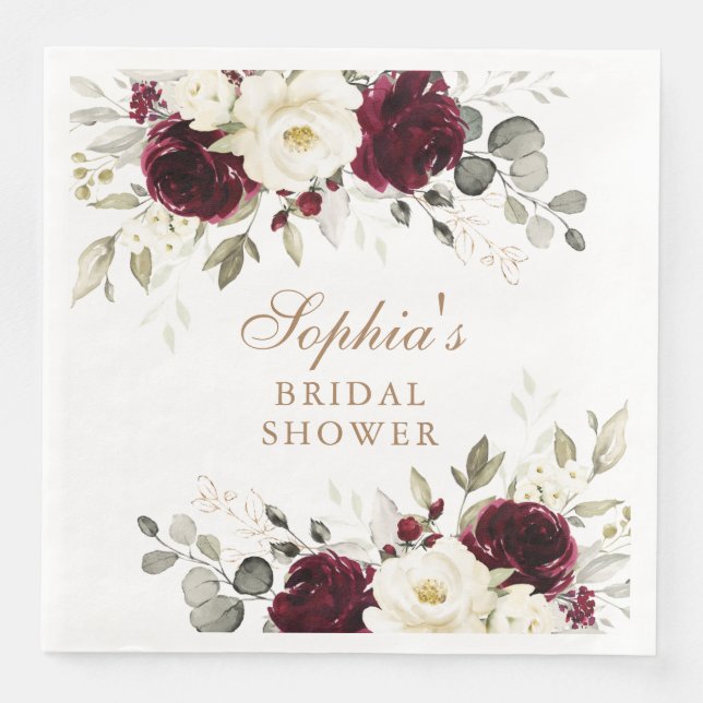 Floral Burgundy White Greenery Gold Bridal Shower  Napkin (Front)