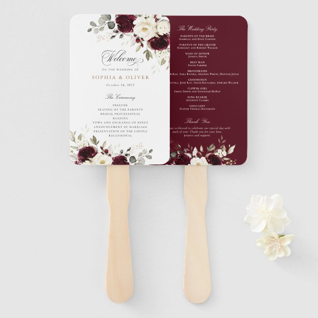 Floral Burgundy White Greenery Wedding Program Hand Fan (Front and Back)
