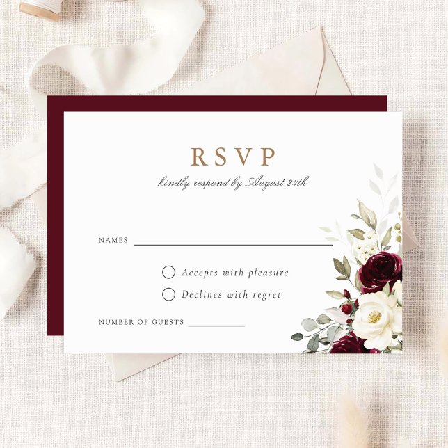 Floral Burgundy White Greenery Wedding RSVP Card (Creator Uploaded)
