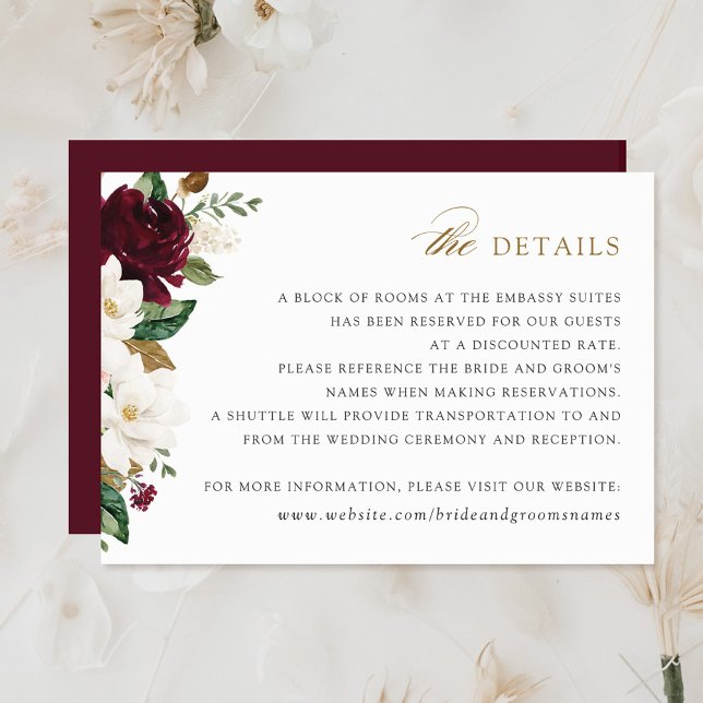 Floral Burgundy White Magnolia Details Insert Card (Creator Uploaded)