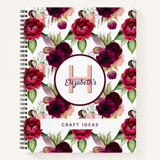 Floral burgundy white monogram elegant notebook (Front)
