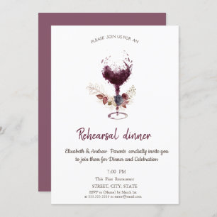 Floral Burgundy Wine Glass Rehearsal Dinner Invitation